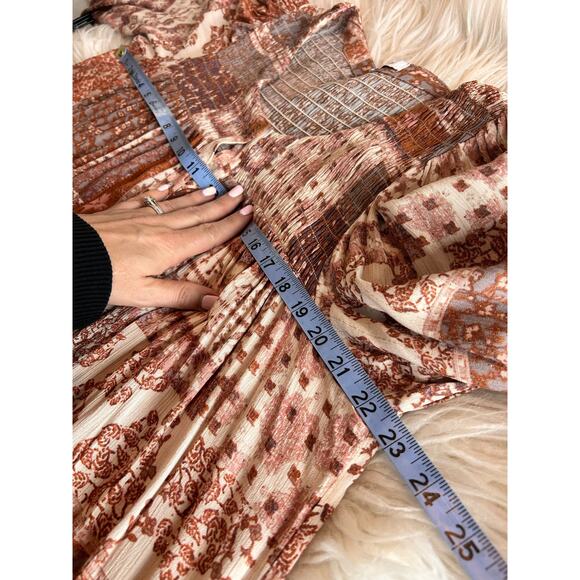 Olivaceous Women's Patchwork Tiered Midi Dress Boho Earthy Rust Beige Size Large - Picture 10 of 11